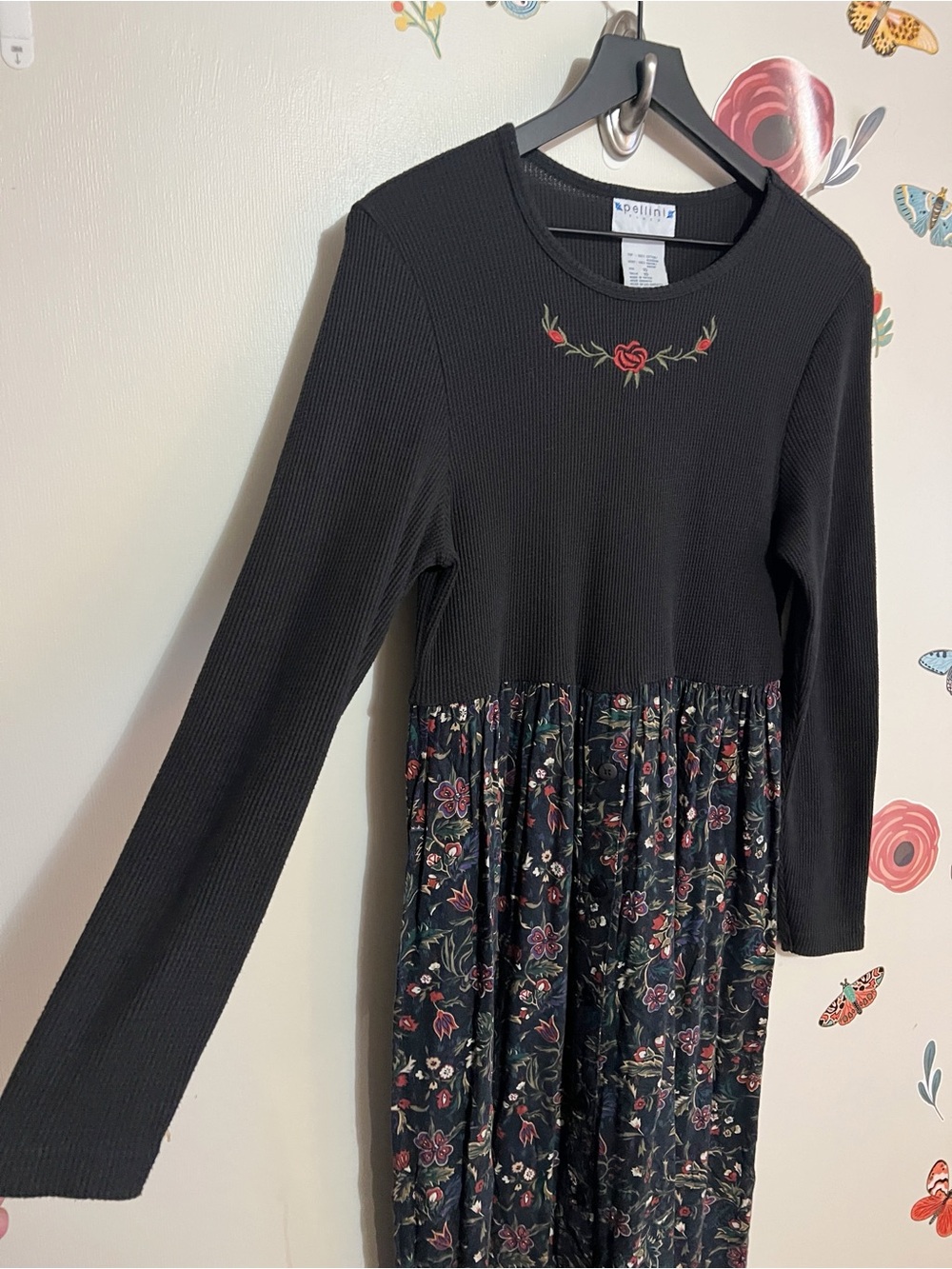 Vintage Black Floral Maxi Dress with Embroidered Thermal Long Sleeve Bodice 10 - Picture 3 of 11
